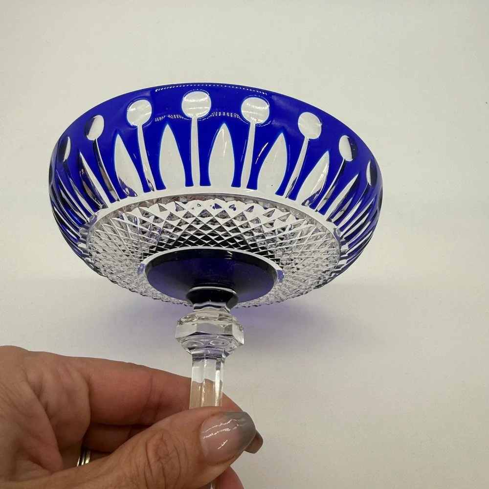 Galbiati Hungary Hand Cut Cobalt Blue Cased Crystal Pedestal Compote Bowl 24% Pb